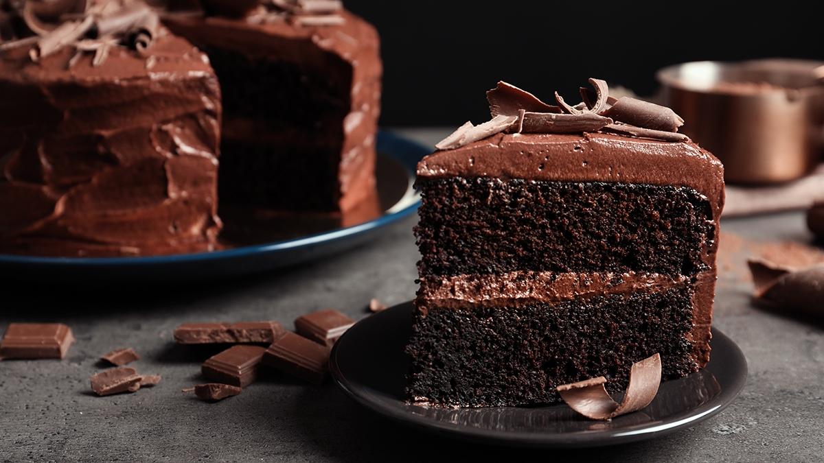 Article Cards Featured Image Plate with slice of tasty homemade chocolate cake on table