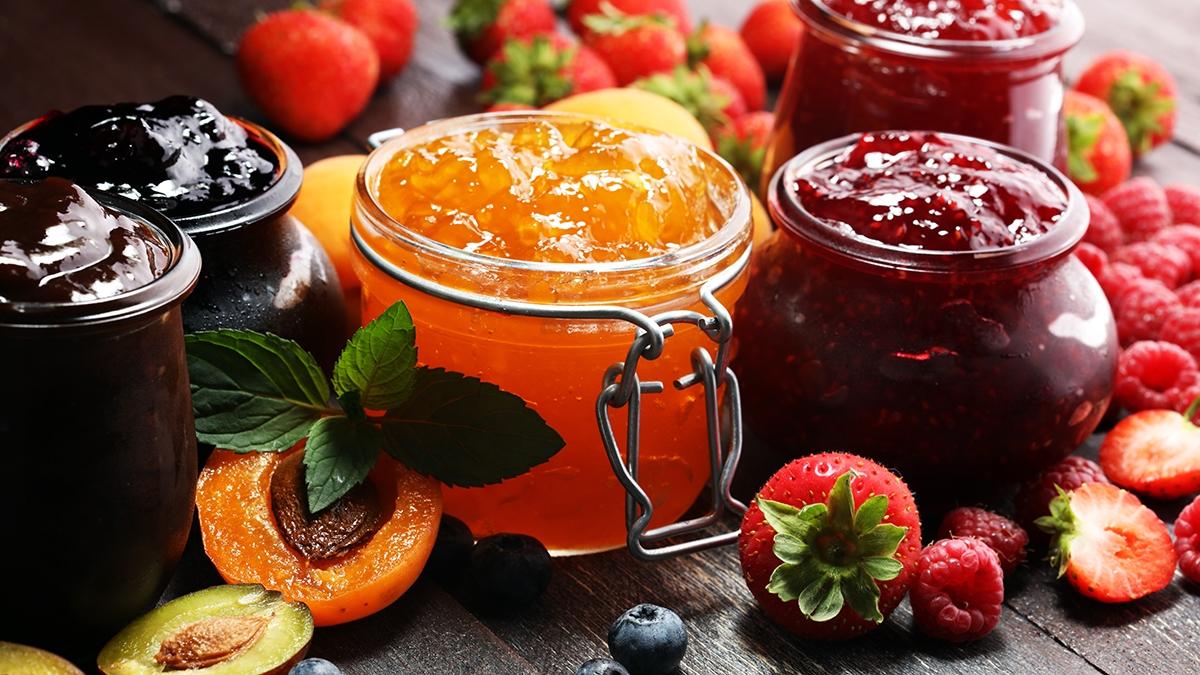 Article Cards Featured Image assortment of jams, seasonal berries, apricot, mint and fruits. marmalade or confiture