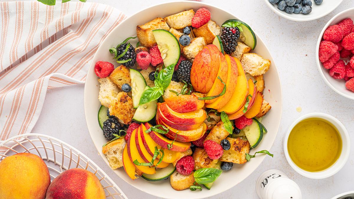 Peach Panzanella Salad with Berries and Cucumbers