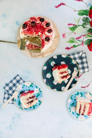 Rose Cake with summer cherries at Fourth of July party