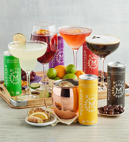 Thoughtful food gifts with a collection of mocktails in cans and glasses.