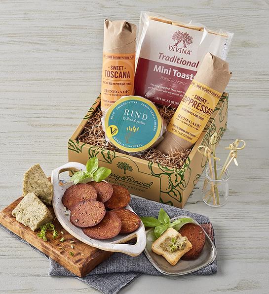 Thoughtful food gifts with a box of vegan charcuterie.